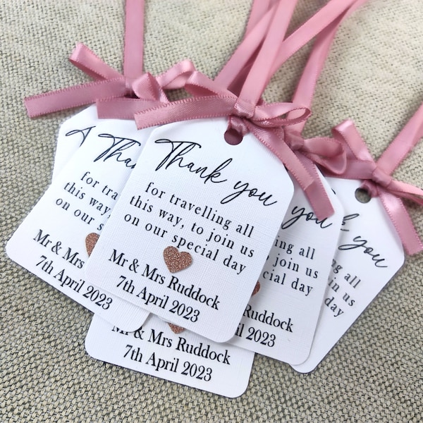 x10 Personalised destination wedding favour tags with glitter hearts and bows-any wording