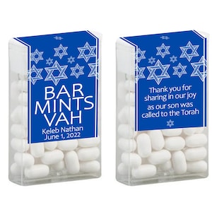 May include: Blue and white mint tins with a Star of David pattern. The text on the tins reads "Bar Mints Vah" and "Thank you for sharing in our joy as our son was called to the Torah".