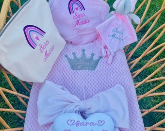 Personalized birth set with name, modular pink or blue layette, birth bow, blanket, towel, baby boy or girl clutch bag