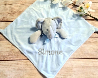 Doudou neonato elefante celeste personalizzato con nome ricamato regalo nascita battesimo baby shower, ricordo primi giorni, consolatore