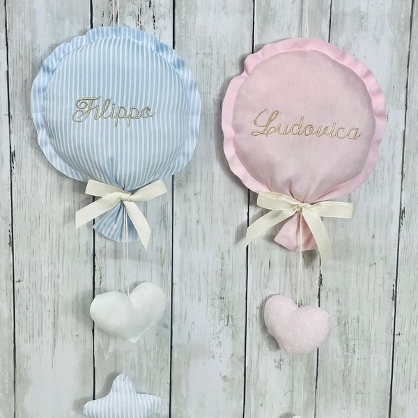 Fiocco nascita palloncino clinica personalizzato con nome ricamato, annuncio nascita fatto a mano, decorazione cameretta, fiocco per i nonni