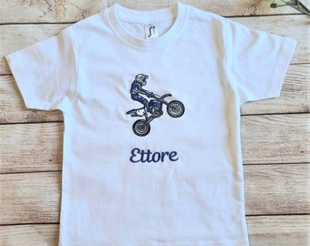 T-shirt da bambino con Moto ricamata personalizzata con nome, in cotone 100% bianco a maniche corte, regalo compleanno o feste a tema