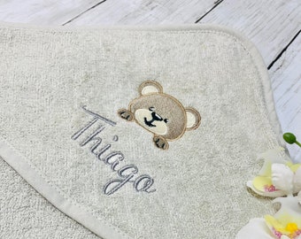 Personalized hooded towel, gray baby bathrobe with teddy bear, rainbow, lion, design of your choice, birth gift idea
