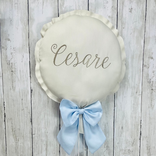 Baby birth balloon personalized bow with embroidered name, stars, clouds or hearts, birth announcement decoration for children's bedroom outside the door