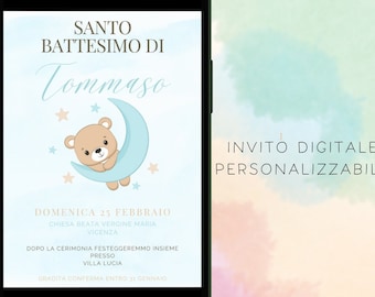 Invitación digital para bautizo de bebé, invitación temática de osito de peluche, invitación para WhatsApp, archivo digital personalizado, oso en la luna