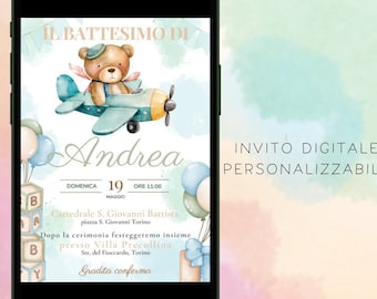 Digital invitation for a baby boy's baptism, featuring an airplane and teddy bear in shades of green, beige, and light blue. Airplane invitation for WhatsApp, custom file.