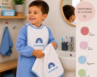 Set asilo nido personalizzabile con nome e disegno unisex, coordinato scuola materna della infanzia con leone, unicorno in morbida spugna