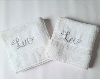 Embroidered Couple Towel Set, 2-piece bathroom set with embroidery in color of your choice His and Her in 100% high quality cotton, bath face towels