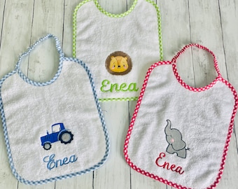 Bavaglino asilo con nome ricamato, bavaglino 100% cotone made in italy, bavetta infanzia nido personalizzabile con nome e disegno a scelta
