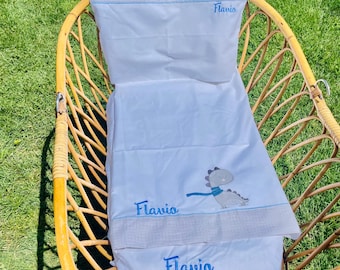 Baby sheet set with embroidered name and initials, coordinated with dinosaur, 100% cotton sleep set, 3-piece set for children's cot