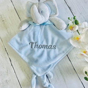 Baby soft toy with name, embroidered blue elephant, gift idea for children, soft doudou for bedtime, baby gift idea