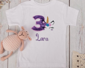 Maglietta bambina unicorno con nome t shirt compleanno o feste tematiche personalizzata con ricamo glitter arcobaleno