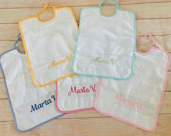 Kindergarten bib with cotton terry elastic, customizable with embroidered name, large 24 x 30 cm nursery or childhood, unisex