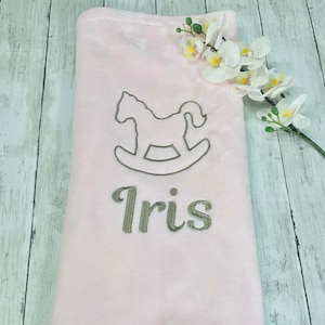 Personalized pink baby blanket with embroidered name, soft gift for birth, baptism, babyshower with crown, heart, rocking horse