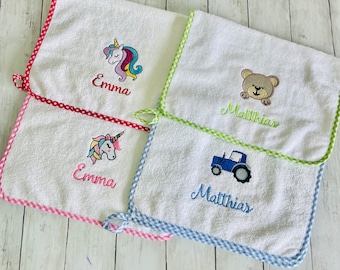 Asciugamano asilo con nome ricamato, salvietta scuola materna della infanzia personalizzabile con leone unicorno bambini unisex infanzia
