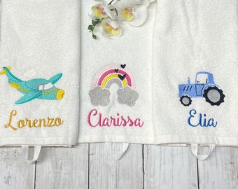 Nursery towel for children with personalized name embroidered lion teddy panda astronaut, small guest towel in soft cotton