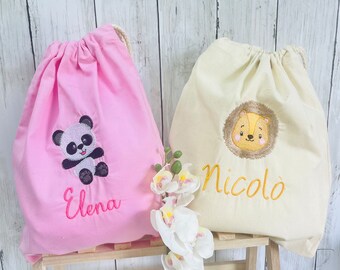 Sac à bavoir maternelle avec nom et dessin au choix, sac avec animaux lion arc-en-ciel licorne rose ou beige,