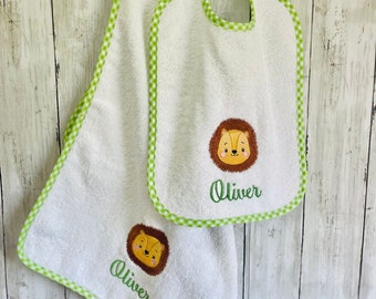 Set asilo nido personalizzabile con nome e disegno unisex, coordinato scuola materna della infanzia con leone, unicorno in morbida spugna