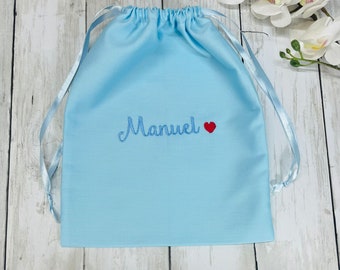 Baby's first changing bag with embroidered name and design, birth bag or  bib bag, handmade in cotton with lion and teddy bear design