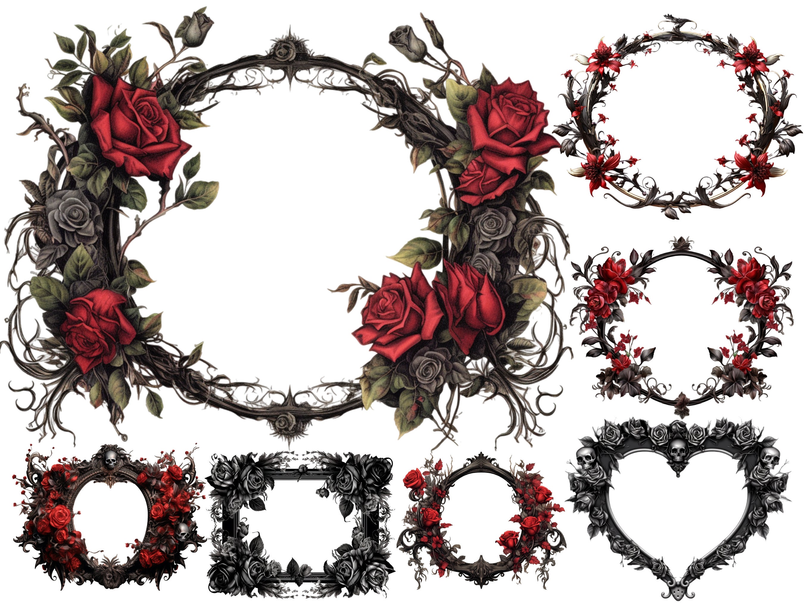Dark Rose Frames Digital Bundle, Gothic Frame PNG Bundle, Edge Border