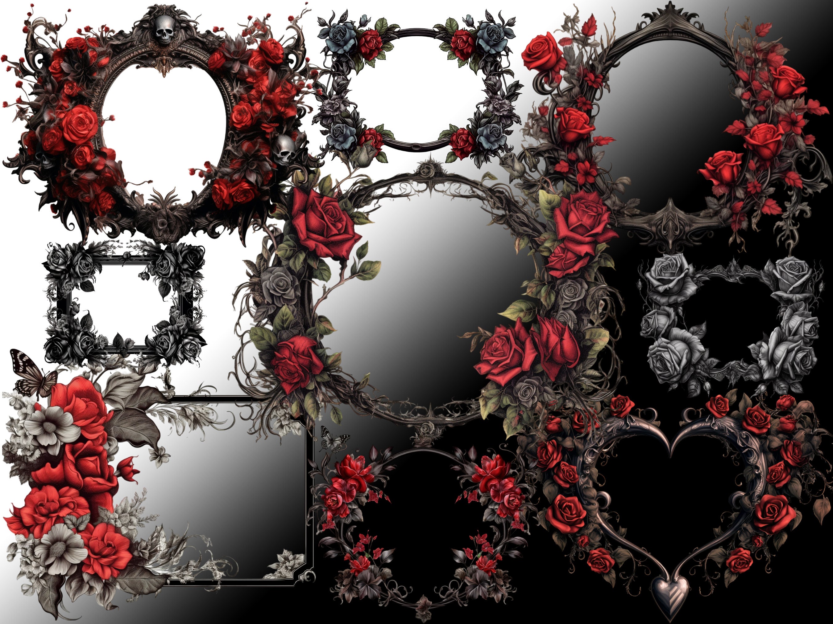 Dark Rose Frames Digital Bundle, Gothic Frame PNG Bundle, Edge Border ...