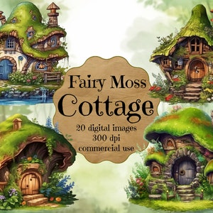 Fairy Moss Cottage Bundle, Enchanted Forest Cabin Graphics, Transparent Background Clip Art PNG Pack