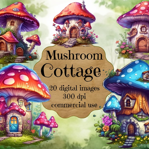 Enchanted Mushroom Cottage Bundle, Fairy Fantasy House, Transparent Background PNG Digital Download