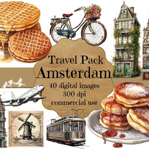 Lindo paquete de viaje de Ámsterdam clip art, scrapbooking de los Países Bajos, viaje a Europa, diario basura, cortes fussy