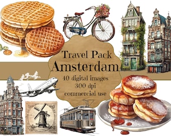 Cute Amsterdam travel pack clip art, Netherlands scrapbooking, Europe Trip, Junk Journal, Fussy Cuts