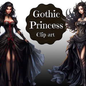 Gothic Princess Clip Art Set - Elegant Vampire Dress, Dark Beauty, Captivating Gothic Character art sheet