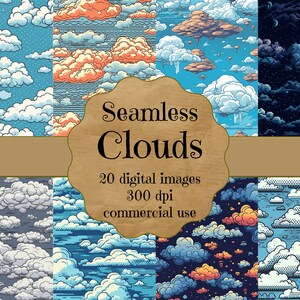 Op de afbeelding: Een set van 20 digitale naadloze patronen met verschillende stijlen wolken in verschillende kleuren, waaronder blauw, wit, grijs en oranje. De patronen zijn 300 dpi en zijn voor commercieel gebruik.