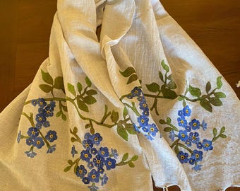 Flower Patterned Handmade Beige linen cotton  Boho Shawl