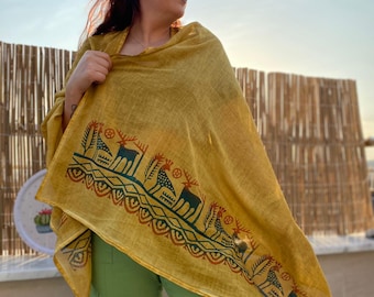 Handmade  Yellow Cotton Shawl with deer  Design – Perfect for Any Season | Women's Fashion Scarf