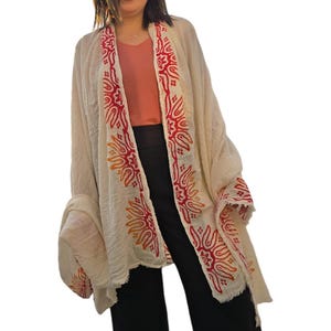 Handcrafted Cotton Shawl for Women | Lightweight Embroidered Kimono-Style Wrap | Boho Festival Cover-Up | Soft Natural Fiber Scarf