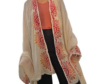 Chal de algodón hecho a mano para mujer / Chal ligero bordado estilo kimono / Pañuelo bohemio para festivales / Bufanda suave de fibra natural