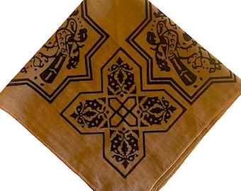 Bandana unisex de algodón con estampado tradicional marrón hecha a mano, 50 x 50 cm (20 x 20 pulgadas), tinte orgánico, tela suave