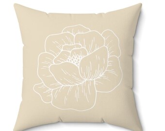 Two Sided Square Pillow;  Front feat. Large Flower and Back feat. Oblong Hexagon design, desert beige and ecru