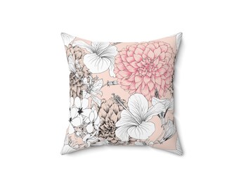 Very Pale Peach Square Pillow with floral blossoms, 14&quot;X14&quot;
