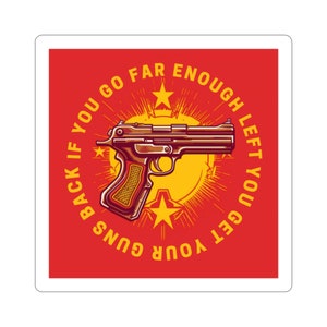 May include: A red background with a yellow circle containing a gun and the text "If you go far enough left you get your guns back".