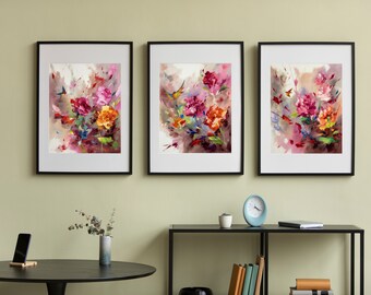 Whimsical Harmony: Vibrant Carnations and Graceful Hummingbirds - Abstract Wall Art for Office, Bedroom, or study - Instant Digital Download