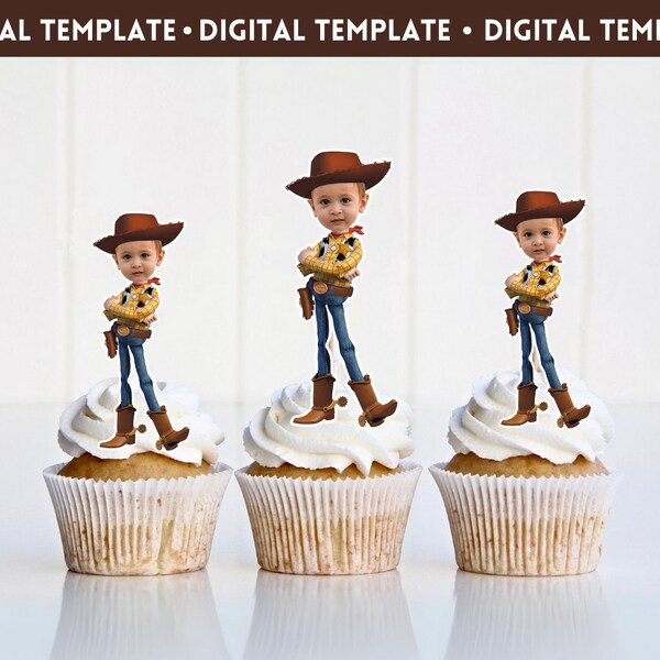 Toppers de cupcakes de Woody digitales, toppers de cupcakes de cara de Toy Story, toppers de cupcakes de Cowboy Woody, Toy Story WOODY, dos fiestas infinitas y más allá