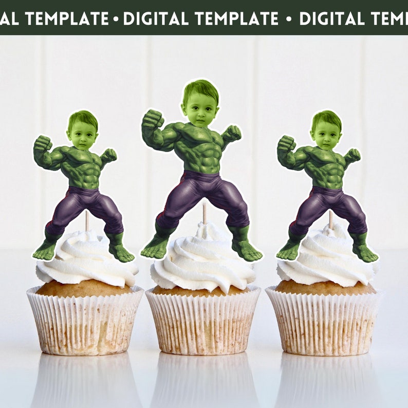 Décorations numériques pour cupcakes visage Hulk, décorations pour cupcakes Hulk personnalisées, décoration de fête Avengers, fête d'anniversaire Hulk, fête d'anniversaire pour garçons, décoration de fête Hulk image 1