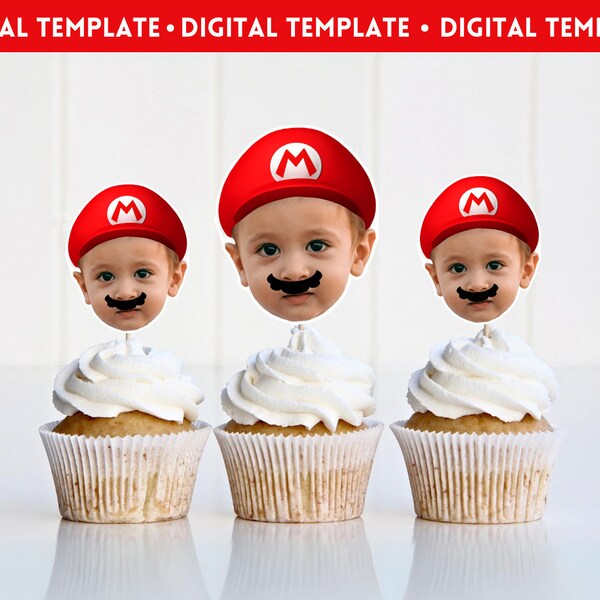 Digitale Mario Cupcake Toppers, personalisierte Mario Face Cupcake Toppers, Super Mario Cupcake Toppers, Super Mario Geburtstag, benutzerdefinierte Mario Toppers