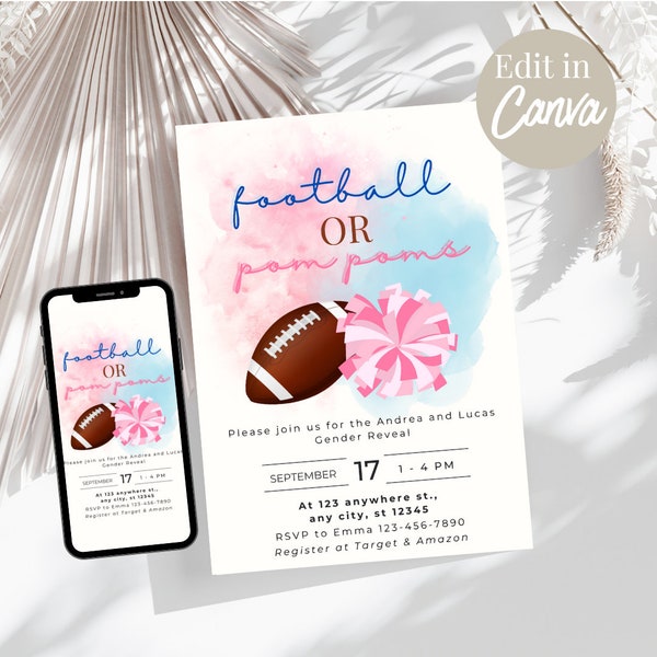 Football or Poms Poms Gender Reveal Invite,Touchdown or Poms Poms Editable Invite Template,He or She Gender Reveal Invite,Instant Download,