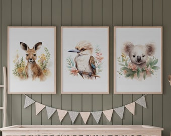 Láminas infantiles con animales australianos, juego de 3 (imprimibles digitalmente)