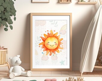 Quadro de Sol em Aquarela para Quarto de Bebê, Decoração para Quarto Infantil (Arquivo Digital para Impressão)