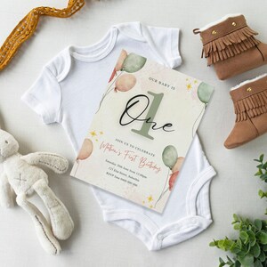 Boho Chic Baby First Birthday Invite, DIY Digital Print Editable Invite Template Design