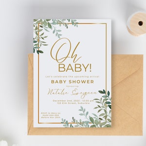 Oh Baby! Minimal Floral Baby Shower Invitation, Elegant and Charming Invite for a Joyous Celebration, Digital Print Editable Template Design
