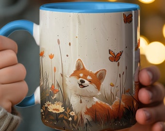 Taza Shiba Inu, linda taza de café amante de los perros, taza ilustrada de animales caprichosos, regalo temático de Shiba para ella, regalo de amante de Shiba