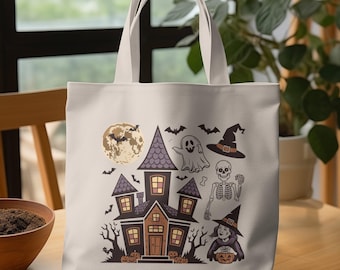 Halloween Haunted House Tote Bag, Trick or Treat Bag, Spooky Tote with Ghost Witch and Skeleton, Halloween Party Bag